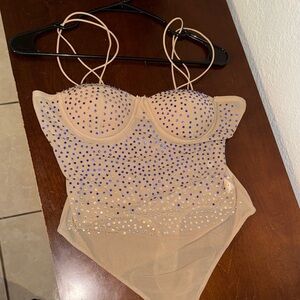 Beige Bodysuit with blue diamonds and Silver Accents
